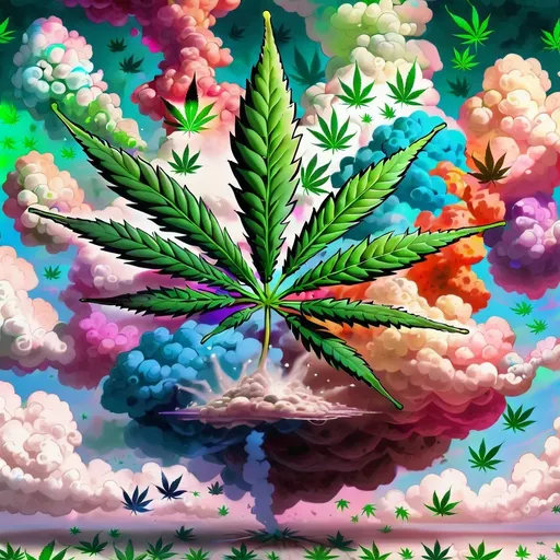 Prompt: huge marijuana plant floating in a bunch of different color clouds 