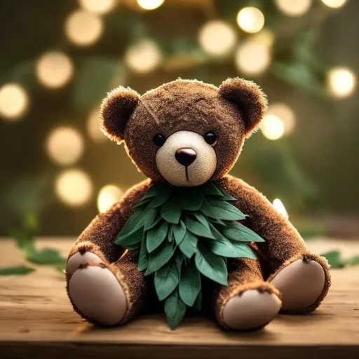 Prompt: A cute teddy bear made up of dark green leaves and twinkle lights perfect for profile picture