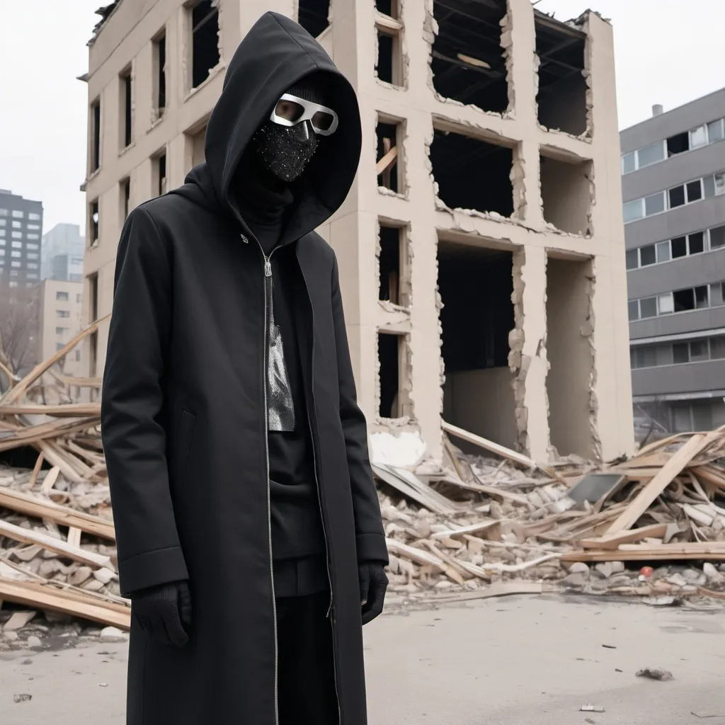 Prompt: A very tall skinny figure whos faced is covered with a black diamond mask who is in the shade of a destroyed building in a city of destruction and ruin. wearing a a black hooded coat from Junya Watanabe, and is wearing Maison Margiela futures.