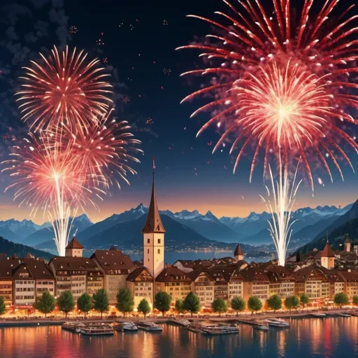 Prompt: (vibrant fireworks), Swiss summer night sky, colorful explosions, red and white flags flying in every corner, joyful atmosphere, people dancing joyously, traditional music echoing, bustling city streets, warm summer glow, festive celebration, captivating scene, high detail, ultra-detailed 4K, cheerful mood, enchanting ambiance, captivating view of city skyline.