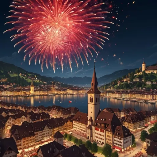 Prompt: (vibrant fireworks), Swiss summer night sky, colorful explosions, red and white flags flying in every corner, joyful atmosphere, people dancing joyously, traditional music echoing, bustling city streets, warm summer glow, festive celebration, captivating scene, high detail, ultra-detailed 4K, cheerful mood, enchanting ambiance, captivating view of city skyline.