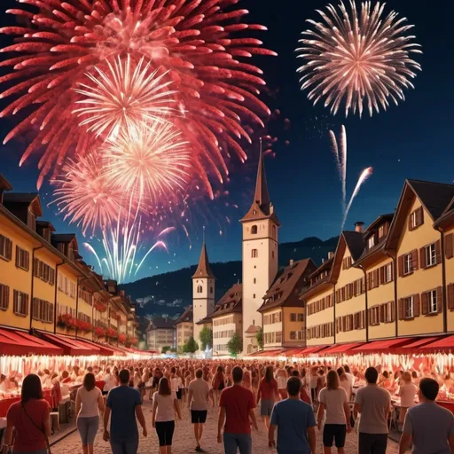 Prompt: (vibrant fireworks), Swiss summer night sky, colorful explosions, red and white flags flying in every corner, joyful atmosphere, people dancing joyously, traditional music echoing, bustling city streets, warm summer glow, festive celebration, captivating scene, high detail, ultra-detailed 4K, cheerful mood, enchanting ambiance, captivating view of city skyline.