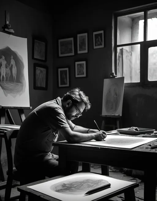 Prompt: wide shot in grayscale showing a draftsman with his back to us as we watch. The artist is a 35-year-old man with short, dark hair, without beard wearing glasses, expressing sadness, alone at his drawing table making a drawing in India ink in a dark, modest old room