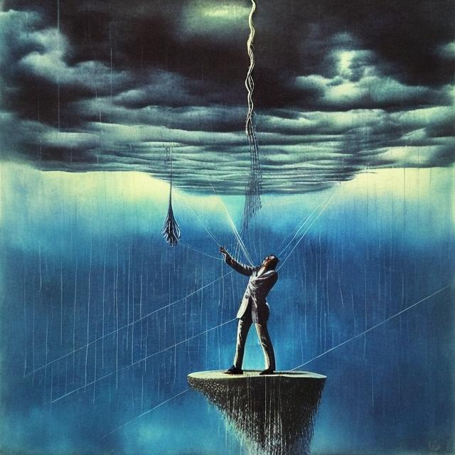 Prompt: The man is trying to reach sky with rain thread. the rainis falling the water flows around him surrealism abstract idea