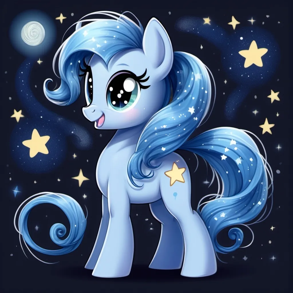 Prompt: Normal art drawing of a cute cute My Little Pony character), starry night themed  mane and tail,  light blue body color friendly expression, whimsical design. 