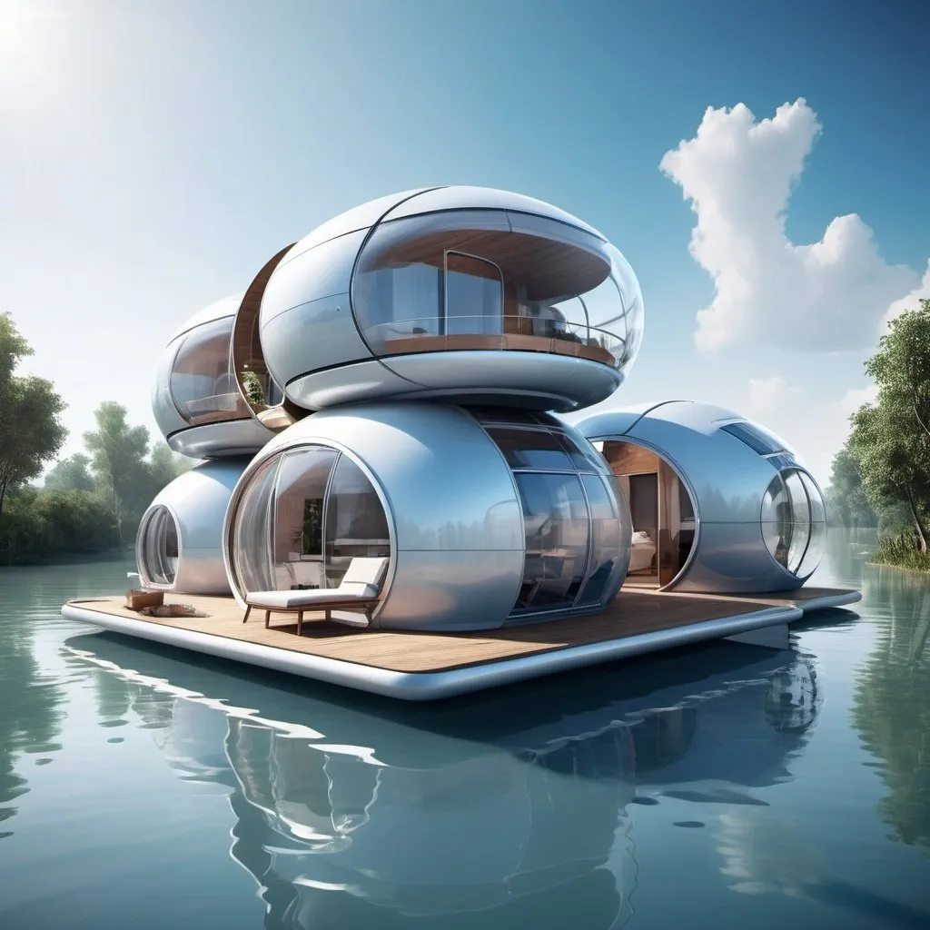 Futuristic floating living pods in flood-prone areas...