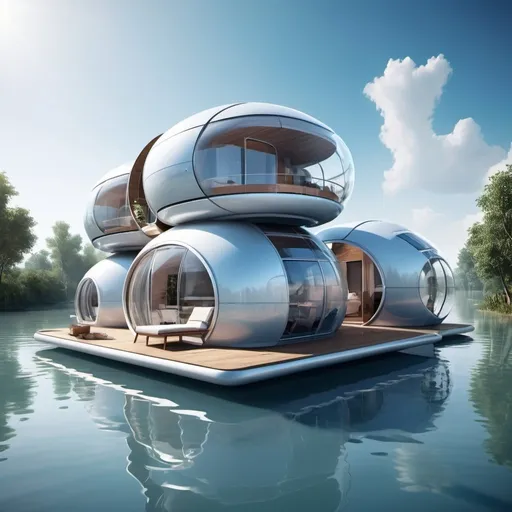 Prompt: Futuristic floating living pods in flood-prone areas, innovative design, high-tech materials, tranquil water surroundings, clear blue skies, modern architecture, sustainable living, detailed textures, high-quality, digital rendering, futuristic style, cool tones, natural lighting