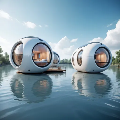 Prompt: Futuristic floating living pods in flood-prone areas, innovative design, high-tech materials, tranquil water surroundings, clear blue skies, modern architecture, sustainable living, detailed textures, high-quality, digital rendering, futuristic style, cool tones, natural lighting