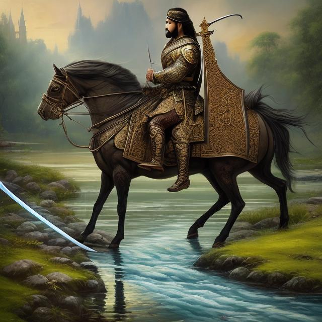 Prompt: Prince with a sword sitting by the river, traditional oil painting, flowing river, lush greenery, medieval attire, regal demeanor, intricate sword design, calm and serene atmosphere, high quality, traditional, detailed river, regal, serene, lush greenery, medieval, oil painting, intricate design, calm atmosphere