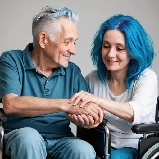 Prompt: old couple. Woman with vibrant blue hair sitting next to her husband. The husband is in a wheelchair and she is holding his hand. He had gray hair. she looks at him lovingly.