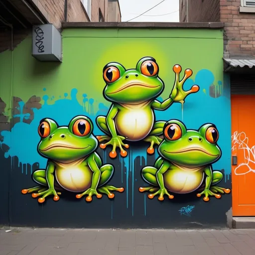 Prompt: Detailed characters of prosperous green frogs in a funky street art style, urban setting with vibrant graffiti, high-quality, urban, street art, vibrant colors, detailed frogs, prosperous, funky style, Robin Hood vibes, atmospheric lighting