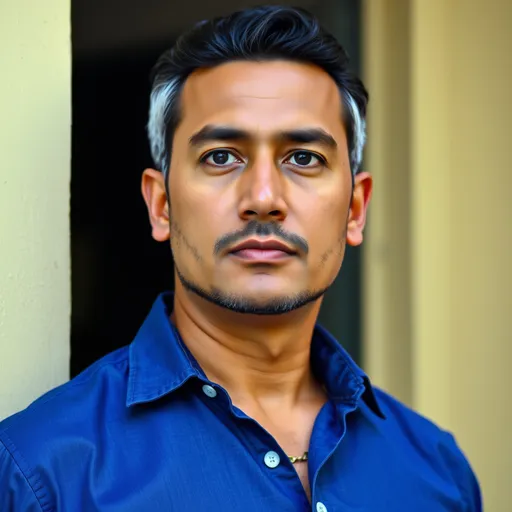 Prompt: a man in a blue shirt is standing in front of a wall and looking at the camera with a serious look on his face, Abidin Dino, sumatraism, professional photo, a character portrait