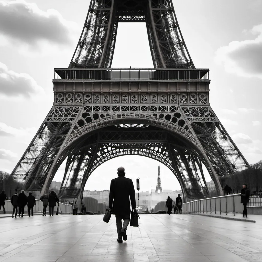 Prompt: a man walking past Eiffel Tower