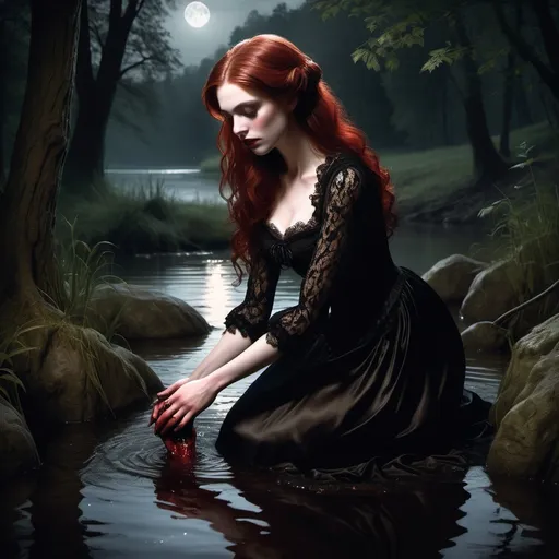 Prompt: (modest, victorian vampire lady, with auburn hair, and a red dress), kneeling by a river washing her hands and face in the river, tranquil forest, intricate black lace and dark velvet attire, soft, moody moonlit ambiance, warm, deep shadows, serene atmosphere, detailed facial features, classic forest backdrop with forest elements, ultra-detailed, high quality.