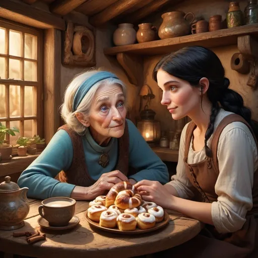 Prompt: Fantasy illustration of a kind old woman and a black-haired pale young woman with blue eyes and a chameleon sitting and talking at a table with cinnamon rolls, an adobe cottage setting, warm magical lighting, detailed facial features, cozy and rustic, high quality, fantasy style, warm tones, detailed clothing, magical atmosphere, whimsical, detailed eyes, old-fashioned, charming, detailed ambiance, cottage interior, detailed characters, cozy setting, magical, warm lighting