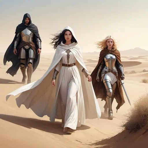 Prompt: Fantasy illustration of a dark-haired girl in a white cloak and hood walking in the desert with a blonde queen and a brown-haired knight. 