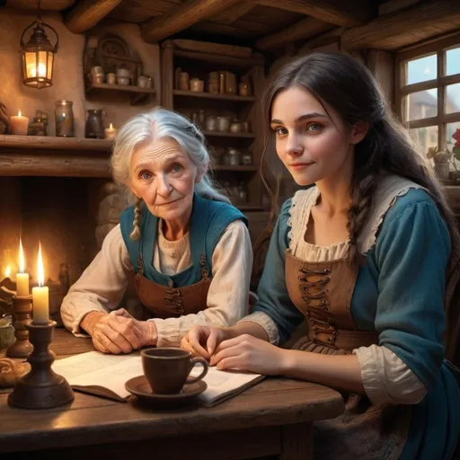 Prompt: Fantasy illustration of a kind old woman and a dark-haired young girl with blue eyes sitting at a table, adobe cottage setting, warm magical lighting, detailed facial features, cozy and rustic, high quality, fantasy style, warm tones, detailed clothing, magical atmosphere, whimsical, detailed eyes, old-fashioned, charming, detailed ambiance, cottage interior, detailed characters, cozy setting, cinnamon rolls, chameleon, magical, warm lighting
