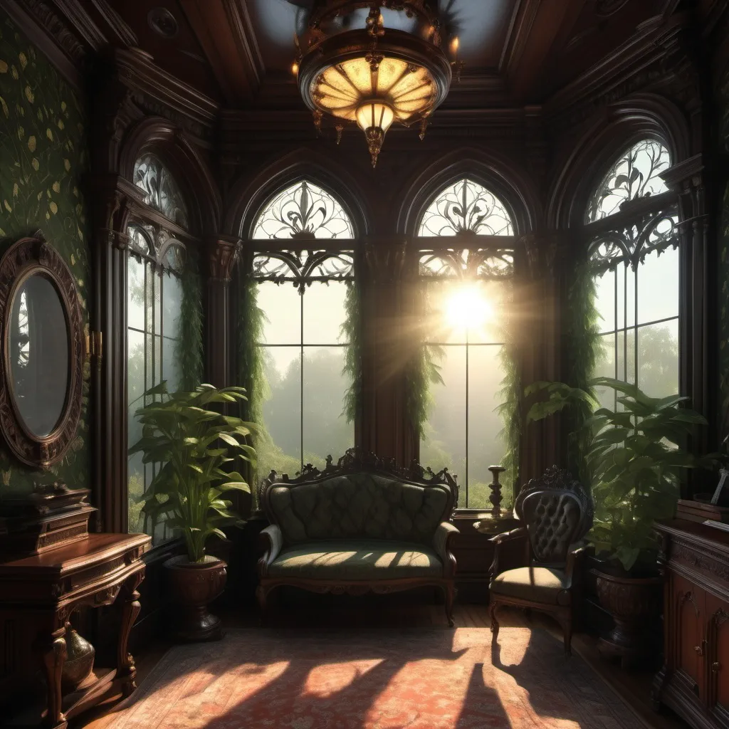 Prompt: (Victorian gothic estate), sun shining through parlor window, (intricate architectural details), dark wood furnishings, shadows casting across ornate wallpaper, warm light illuminating rich fabrics, cozy ambiance, (lush greenery outside), high detail, (overall mood of enchantment and mystery), 4K, ultra-detailed.