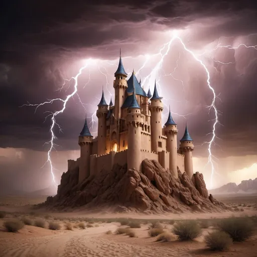 Prompt: fantasy art castle surrounded by desert stormy lightning