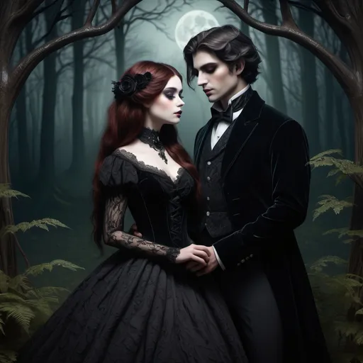 Prompt: (gothic, victorian couple, with auburn and ebony hair), tranquil forest, intricate lace and dark velvet attire, soft, moody moonlit ambiance, warm, deep shadows, romantic and serene atmosphere, detailed facial features, classic forest backdrop with forest elements, ultra-detailed, high quality.