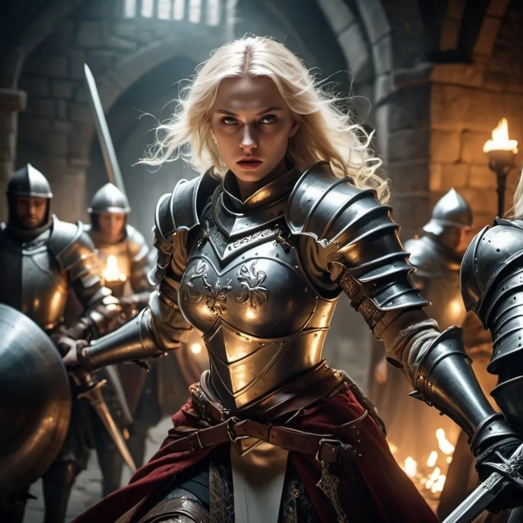 Prompt: Blonde queen in dungeon, rogue knight fighting evil guards, fantasy style, detailed characters, dynamic action, dramatic lighting, highres, medieval fantasy, pale skin guards, intense battle, fantasy setting, detailed armor, majestic queen, heroic knight, atmospheric lighting, high quality, dynamic composition