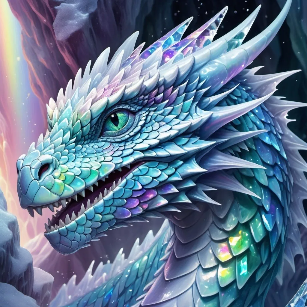 Prompt: Fantasy illustration of a gentle ice dragon, shimmering iridescent scales, soft facial features, iridescent ice crystals, rainbow crystal cave, highres, detailed scales, fantasy, gentle, soft features, iridescent, shimmering, crystal cave, cool tones, atmospheric lighting