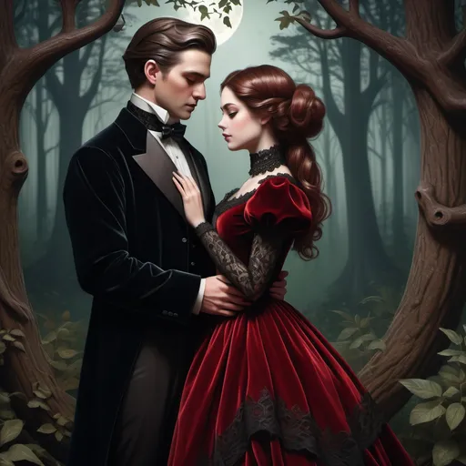 Prompt: (modest, victorian couple, with auburn and ebony hair, red dress), tranquil forest, intricate lace and dark velvet attire, soft, moody moonlit ambiance, warm, deep shadows, romantic and serene atmosphere, detailed facial features, classic forest backdrop with forest elements, ultra-detailed, high quality.