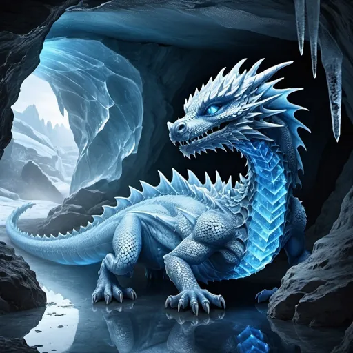 Prompt: High-definition fantasy art of a kind, soft faced, nice female blue ice dragon lying in a cave with stalactites, stalagmites, ice pond, detailed dragon scales, sparkling ice crystals, mysterious atmosphere, fantasy style, cool tones, dramatic lighting, ultra-detailed, fantasy, dragon, cave, ice pond, detailed scales, sparkling crystals, mysterious atmosphere, dramatic lighting