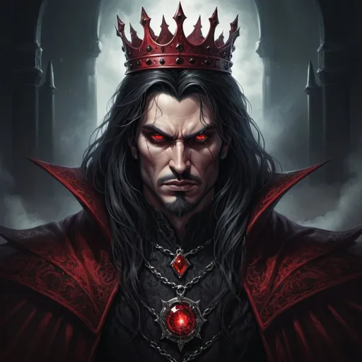 Prompt: Fantasy illustration of a dark-haired evil king with piercing red eyes, regal attire, ominous aura, high quality, detailed fantasy art, dark fantasy, sinister expression, intimidating presence, red color tones, dramatic lighting