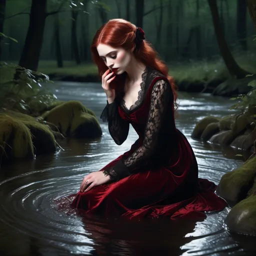 Prompt: (modest, victorian vampire lady, with auburn hair, and a red dress), kneeling by a river washing red liquid off her hands and face in the river, tranquil forest, intricate black lace and dark velvet attire, soft, moody moonlit ambiance, warm, deep shadows, serene atmosphere, detailed facial features, classic forest backdrop with forest elements, ultra-detailed, high quality.