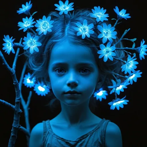 Prompt: tree child flowers in stick hair glowing blue 


