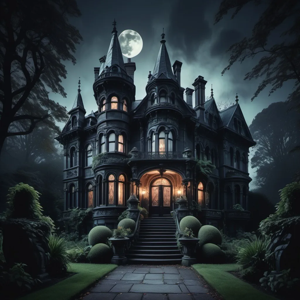 Prompt: (Gothic Victorian estate), intricate architectural details, ornate, dark stone facade, lush overgrown garden, moonlit sky providing an eerie glow, dramatic lighting, subdued color palette, moody ambiance, vintage elements, misty atmosphere, high quality, ultra-detailed, high contrast textures, captivating yet haunting scenery.