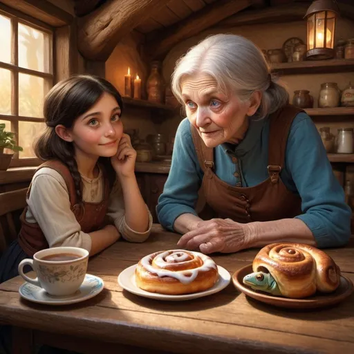 Prompt: Fantasy illustration of a kind old woman and a dark-haired young girl with blue eyes and a chameleon talking at a table with cinnamon rolls, an adobe cottage setting, warm magical lighting, detailed facial features, cozy and rustic, high quality, fantasy style, warm tones, detailed clothing, magical atmosphere, whimsical, detailed eyes, old-fashioned, charming, detailed ambiance, cottage interior, detailed characters, cozy setting, magical, warm lighting