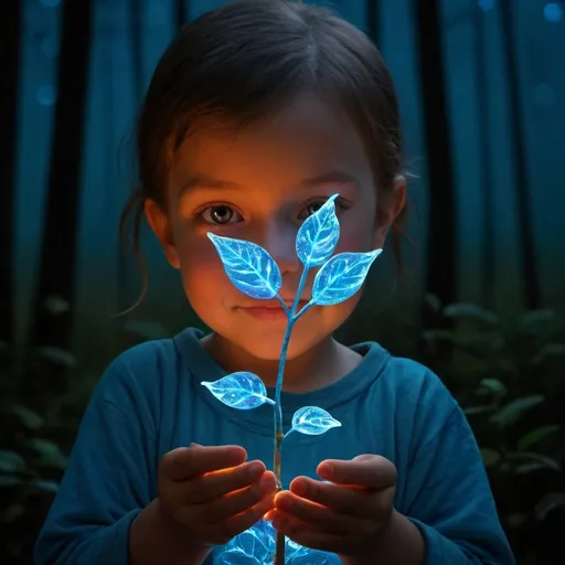 Prompt: glowing blue, sparkly sapling child

