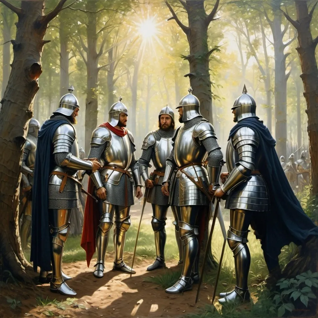 Prompt: War-weary knights meeting a king in shiny silver armor in a wooded area, medieval oil painting, dense forest setting with scattered sunlight, detailed armor with intricate engravings, tired expressions, royal and majestic atmosphere, highres, ultra-detailed, medieval, oil painting, forest, sunlight filtering through trees, intricate armor, tired expressions, royal atmosphere