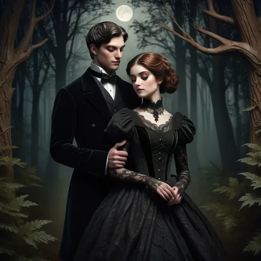 Prompt: (modest, victorian couple, with auburn and ebony hair), tranquil forest, intricate lace and dark velvet attire, soft, moody moonlit ambiance, warm, deep shadows, romantic and serene atmosphere, detailed facial features, classic forest backdrop with forest elements, ultra-detailed, high quality.