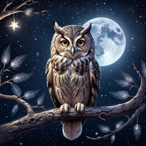 Prompt: Fantasy illustration of a blind owl with starry eyes perched on a moonlit tree branch, magical night sky, detailed feathers with shimmering stars, mystical and enchanting atmosphere, high quality, fantasy, detailed owl, starry eyes, moonlit, magical, enchanting, detailed feathers, mystical atmosphere, nighttime, detailed illustration, professional, atmospheric lighting
