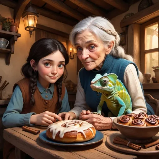 Prompt: Fantasy illustration of a kind old woman and a dark-haired young girl with blue eyes and a chameleon sitting at a table with cinnamon rolls, an adobe cottage setting, warm magical lighting, detailed facial features, cozy and rustic, high quality, fantasy style, warm tones, detailed clothing, magical atmosphere, whimsical, detailed eyes, old-fashioned, charming, detailed ambiance, cottage interior, detailed characters, cozy setting, magical, warm lighting