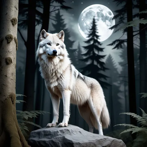 Prompt: Silvery white wolf standing on a rock in a tranquil forest, soft, moody moonlit ambiance, warm, deep shadows, detailed features, classic forest backdrop with forest elements, ultra-detailed, high quality.