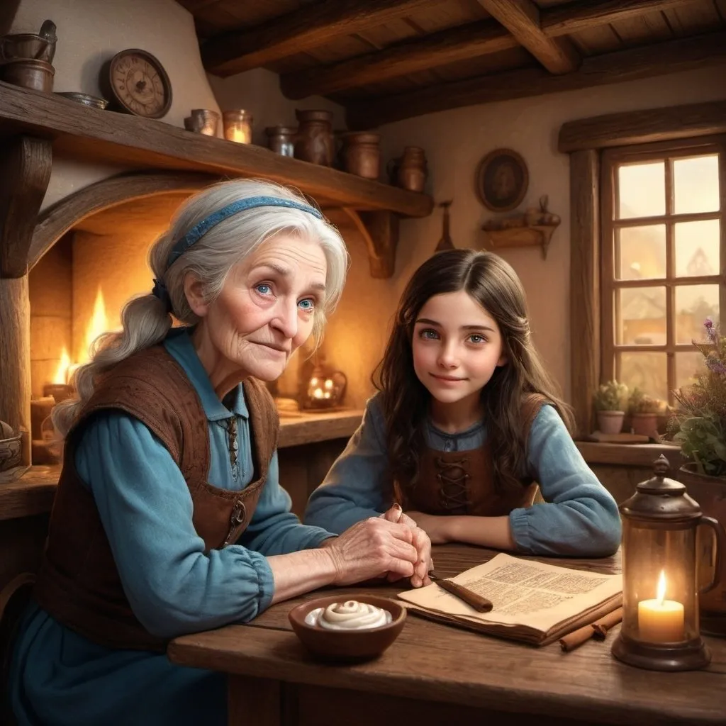 Prompt: Fantasy illustration of a kind old woman and a dark-haired young girl with blue eyes sitting at a table, adobe cottage setting, warm magical lighting, detailed facial features, cozy and rustic, high quality, fantasy style, warm tones, detailed clothing, magical atmosphere, whimsical, detailed eyes, old-fashioned, charming, detailed ambiance, cottage interior, detailed characters, cozy setting, cinnamon rolls, chameleon, magical, warm lighting