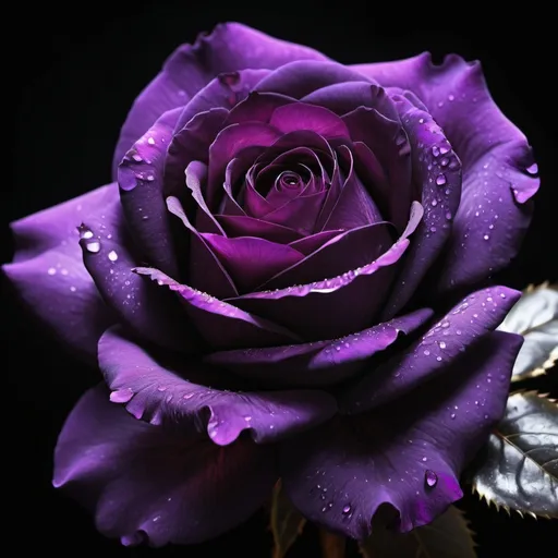 Prompt: (black, shiny Victorian rose), vibrant purple petals, dark background, striking contrast, elegant and dramatic composition, rich textures, intricate details, high-quality floral art, enchanting ambiance, soft lighting illuminating the petals, enhancing depth and allure, captivating and mysterious vibe, HD quality, masterpiece aesthetic.