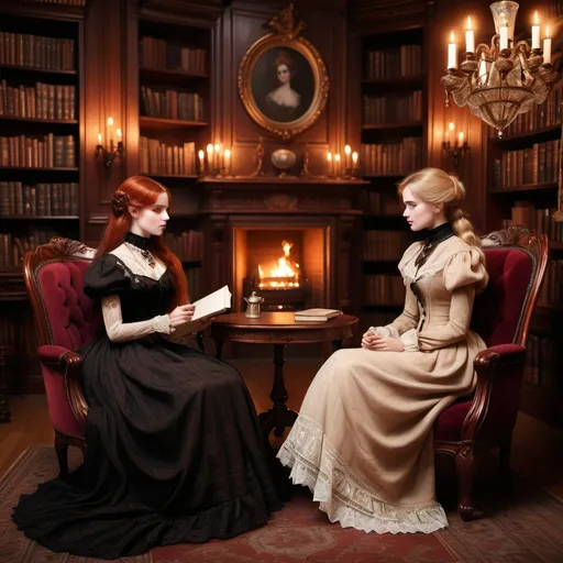 Prompt: (beautiful gothic rich auburn dark red haired Victorian lady and blonde Victorian lady sitting in a library talking), a cozy ambiance, rich wooden chairs, a softly glowing fireplace, warm and inviting lighting, deep, rich colors, detailed historical attire with lace and velvet, engaging expressions as they converse, and an ultra-detailed, elegant atmosphere.