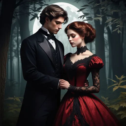 Prompt: (modest, victorian couple, with auburn and ebony hair, red dress), tranquil forest, intricate lace and dark velvet attire, soft, moody moonlit ambiance, warm, deep shadows, romantic and serene atmosphere, detailed facial features, classic forest backdrop with forest elements, ultra-detailed, high quality.