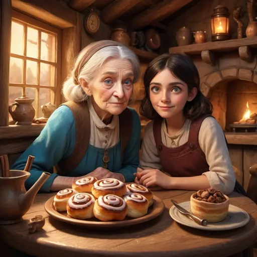 Prompt: Fantasy illustration of a kind old woman and a dark-haired young girl with blue eyes and a chameleon sitting at a table with cinnamon rolls, an adobe cottage setting, warm magical lighting, detailed facial features, cozy and rustic, high quality, fantasy style, warm tones, detailed clothing, magical atmosphere, whimsical, detailed eyes, old-fashioned, charming, detailed ambiance, cottage interior, detailed characters, cozy setting, magical, warm lighting