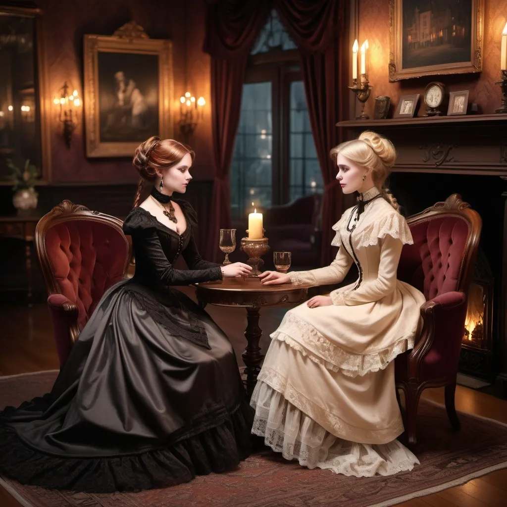 Prompt: (beautiful gothic dark auburn-haired Victorian lady and blonde Victorian lady sitting in a parlor talking), a cozy ambiance, rich wooden chairs, a softly glowing fireplace, warm and inviting lighting, deep, rich colors, detailed historical attire with lace and velvet, engaging expressions as they converse, and an ultra-detailed, elegant atmosphere.