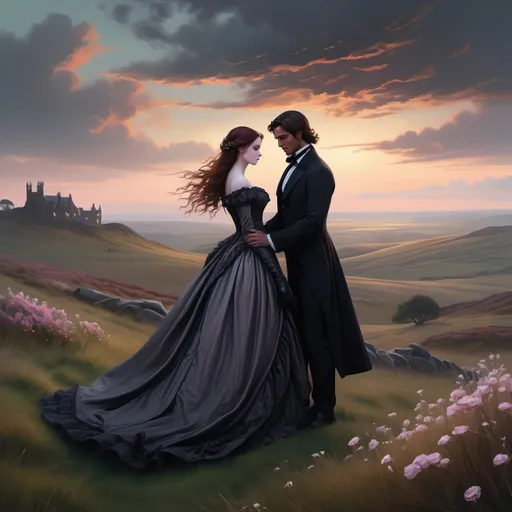 Prompt: (beautiful gothic Victorian scene), elegant dark auburn-haired, modest, lady in a gown, standing gracefully on the moors, communicating with a handsome pale, ebony-haired man, windy ambiance, soft twilight hues, moody and enchanting atmosphere, rolling hills in the background, delicate flowers scattered across the landscape, high detail, ultra-detailed, romantic allure, cinematic lighting.