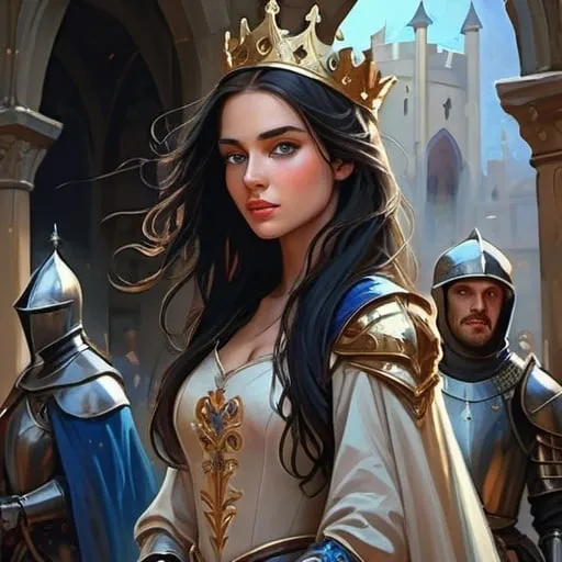 Prompt: High-quality fantasy art of a young lady walking, accompanied by a knight and a queen, detailed black hair with blue eyes, elegant medieval attire, fantasy, detailed characters, vibrant colors, fantasy art, regal queen, chivalrous knight, royal entourage, atmospheric lighting