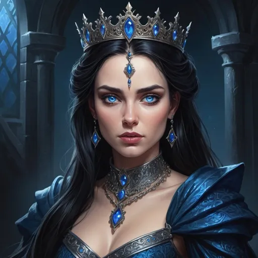 Prompt: Fantasy illustration of a dark-haired kind queen with piercing blue eyes, regal attire, high quality, detailed fantasy art, dark fantasy, kind expression, blue color tones, dramatic lighting