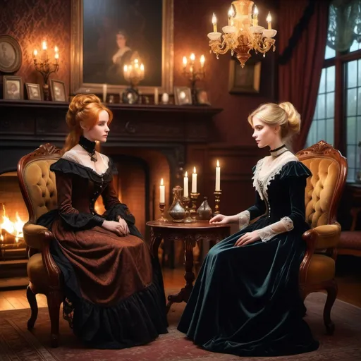 Prompt: (beautiful gothic rich auburn-haired Victorian lady and blonde Victorian lady sitting in a parlor talking), a cozy ambiance, rich wooden chairs, a softly glowing fireplace, warm and inviting lighting, deep, rich colors, detailed historical attire with lace and velvet, engaging expressions as they converse, and an ultra-detailed, elegant atmosphere.