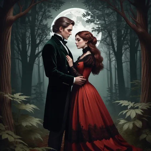 Prompt: (modest, victorian couple, with auburn and ebony hair, red dress), tranquil forest, intricate lace and dark velvet attire, soft, moody moonlit ambiance, warm, deep shadows, romantic and serene atmosphere, detailed facial features, classic forest backdrop with forest elements, ultra-detailed, high quality.